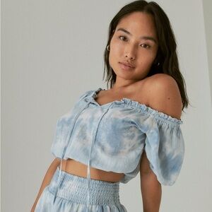 Lucky Brand Cropped Matchback Blue Tie Dye Puff Sleeve Top Size Large NWT